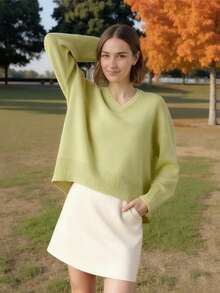 conciso Women V-Neck Drop Shoulder Knitted Sweater Top, Spring/Autumn - Yellow - View 2