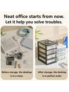 透明桌面收纳盒，带抽屉和小型塑料搭扣盒，桌面增高整理架，办公塑料收纳柜，适用于文具、学生书桌配件、化妆品、返校必备品 - 彩色 - 查看 2