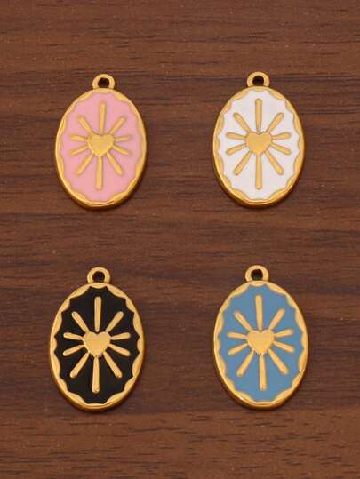 2个/套 白色/黑色/粉色/蓝色 不锈钢椭圆形滴油太阳吊坠 18k镀金珐琅心形太阳吊坠 DIY珠宝制作材料 手链 耳环 项链 配件
