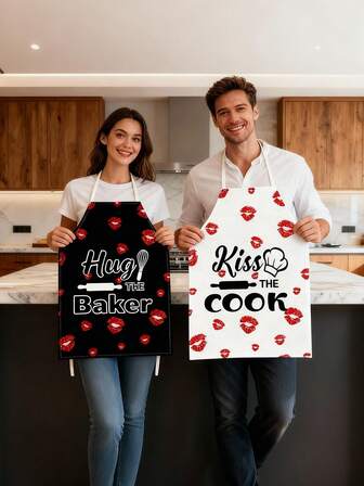 一件印有浪漫“亲吻厨师，拥抱烘焙师”图案的可重复使用烘焙围裙，适合烹饪、烘焙、浪漫派对，是送给伴侣的绝佳情人节礼物。