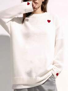 秋冬欧美简约休闲情人节情侣约会百搭爱心刺绣针织套头毛衣，大码女款 白色 - 白色 - 查看 3