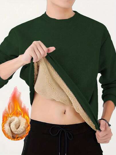 Men's Solid Color Minimalist Pullover Thermal Lined Warm Sweatshirt, Autumn/Winter