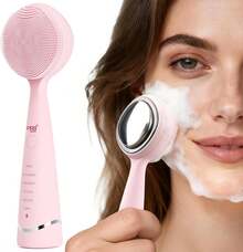 PRITECH Facial Cleansing Brush, Rechargeable Silicone Face Scrubber With Constant-Temperature Heating, Vibrating Exfoliator Scrubber For Deep Pore Cleaning, Waterproof Face Brush For Women & Men -Pink - 黑色 - 查看 11