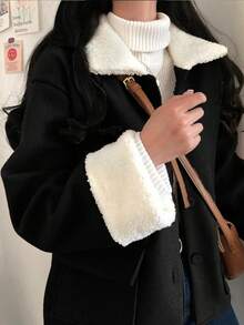 女款秋冬羊毛混紡短夾克，長袖拼接人造毛領，休閒百搭黑色外套 - 黑色 - 查看 7