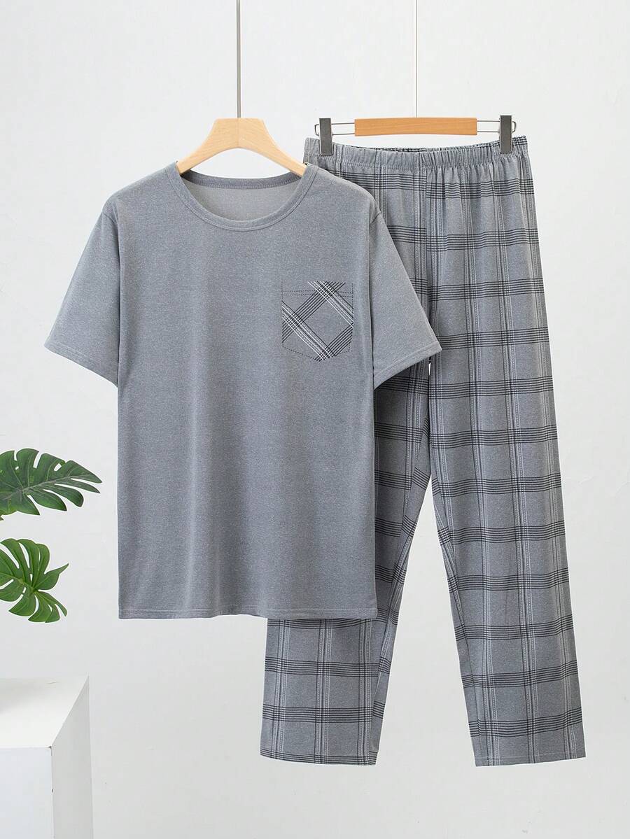 2pcs Men's Lightweight Pajama Set, Short Sleeve Top And Long Pants, Men's Spring/Summer Plaid Striped Loungewear Set - Grey - View 1