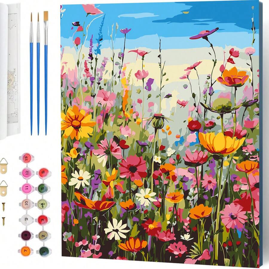 1 Stück buntes florales DIY Digital-Ölmalerei-Set, Ölmalerei-Set mit 3 Pinseln und Acrylfarben, für Schlafzimmerdekoration und Wanddekoration, einfach und Lustig zu malen, erfülle deinen Künstlertraum, perfektes Geschenk für Freunde, 40*50CM - Verschiedenfarbig - Übersicht 1