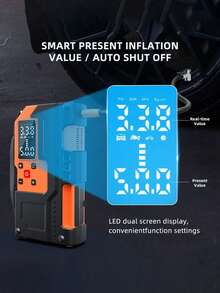 10000mAh High Capacity Car Jump Starter, Car Air Compressor, 2-In-1 Multifunctional Charger, Equipped With 150 PSI Digital Tire Inflator, LED Flashlight, Safety Hammer Design, Sturdy And Durable Structure, Includes Multiple Adapters | Emergency Vehicle Tool | High Visibility Orange | Comes With Storage Case