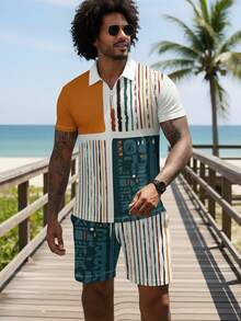Men's Zip-Up Striped & Geometric Print Polo Shirt And Shorts Casual Suit - Multicolor - View 2