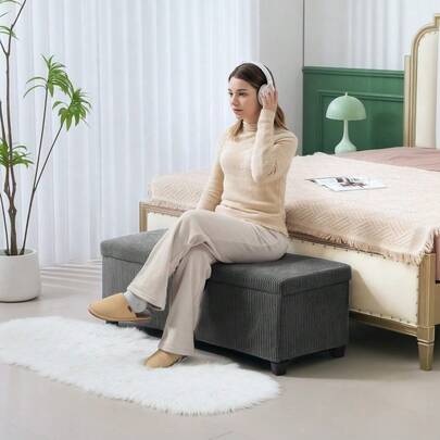 Storage Ottoman Bench | 112cm Corduroy Footstool Grey | Removable Lid Storage Chest | Living Room Footrest