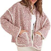 Women's Quilted Lightweight Open Front Jacket - Retro Casual | Floral Print, Contrast Trim Detail, Puff Sleeves, Patch Pockets, Relaxed Fit - Spring & Early Winter Stylish Wear - Đỏ - Xem 3