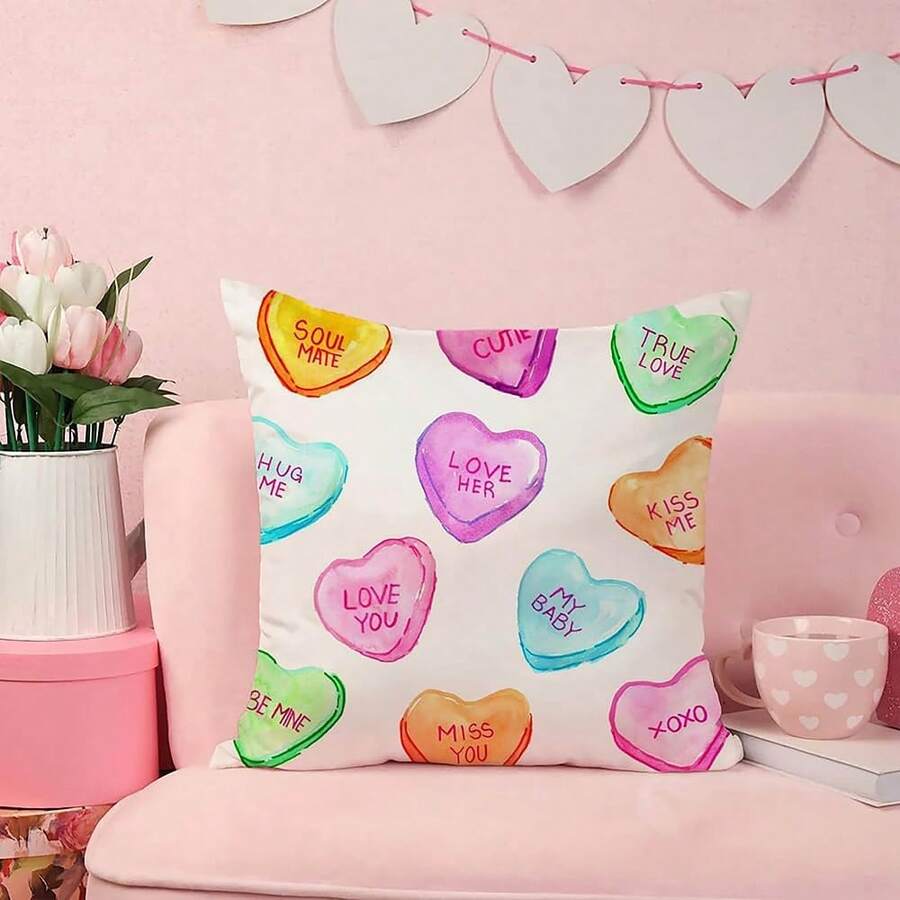 1pc 18x18 Inch Valentine'S Day Pillow Covers, Contemporary Style, Colorful Hearts Design,Machine Washable, Decorative Cushion Cases For Sofa Couch (Single Sided, No Insert) - 樣式-1 - 查看 1