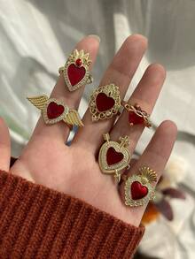 1pc Fashionable Creative Elegant Design Copper Inlaid Synthetic Asymmetric Teardrop Heart Ring, Suitable For Women, Sisters, Couples As Jewelry Gift, Also Suitable For Valentine's Day, Daily Gathering, Date, Party, Banquet, Wedding, Holiday, Summer Beach Vacation And Other Occasions, Red Accessory - Ring - View 7