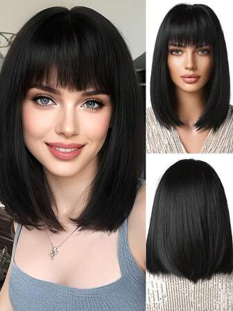 Peluca sintética negra con flequillo recto, cabello corto y liso, juego completo de cabello con corte de puntas tipo bob, peluca completa resistente a altas temperaturas
