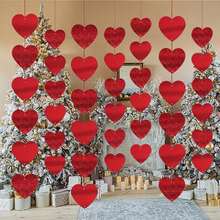 12/24 Pcs Red Heart Sequin Garland Banners Red Glitter Heart Hanging String Decoration Valentines Day DIY Hearts Garland Decoration For Wedding Valentine's Day Anniversary Party Home Decor - Red - View 12