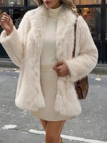 女士法式圣诞秋冬时尚优雅宽松翻领保暖羊毛大衣 - 杏色 - 查看 2