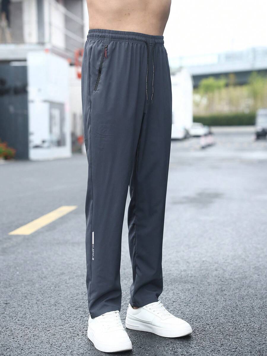 Men's Lightweight Breathable Quick Dry Zipper Pocket Sweatpants, Fashionable Casual Solid Long Pants For Summer, Fall - Dark Grey - View 1