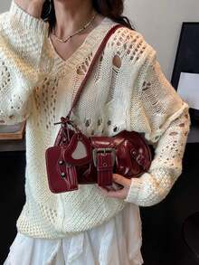 1pc Women's Vintage Mad Max Punk Wanderer Motorcycle Bag With Rivet Decoration, Adjustable Shoulder Strap, Large Capacity, Soft Faux Oil Wax Gradient Color, One Shoulder Underarm Bag, Baguette Bag, Square Bag, Suitable For Work, Commute, Date, Party - Burgundy - View 5