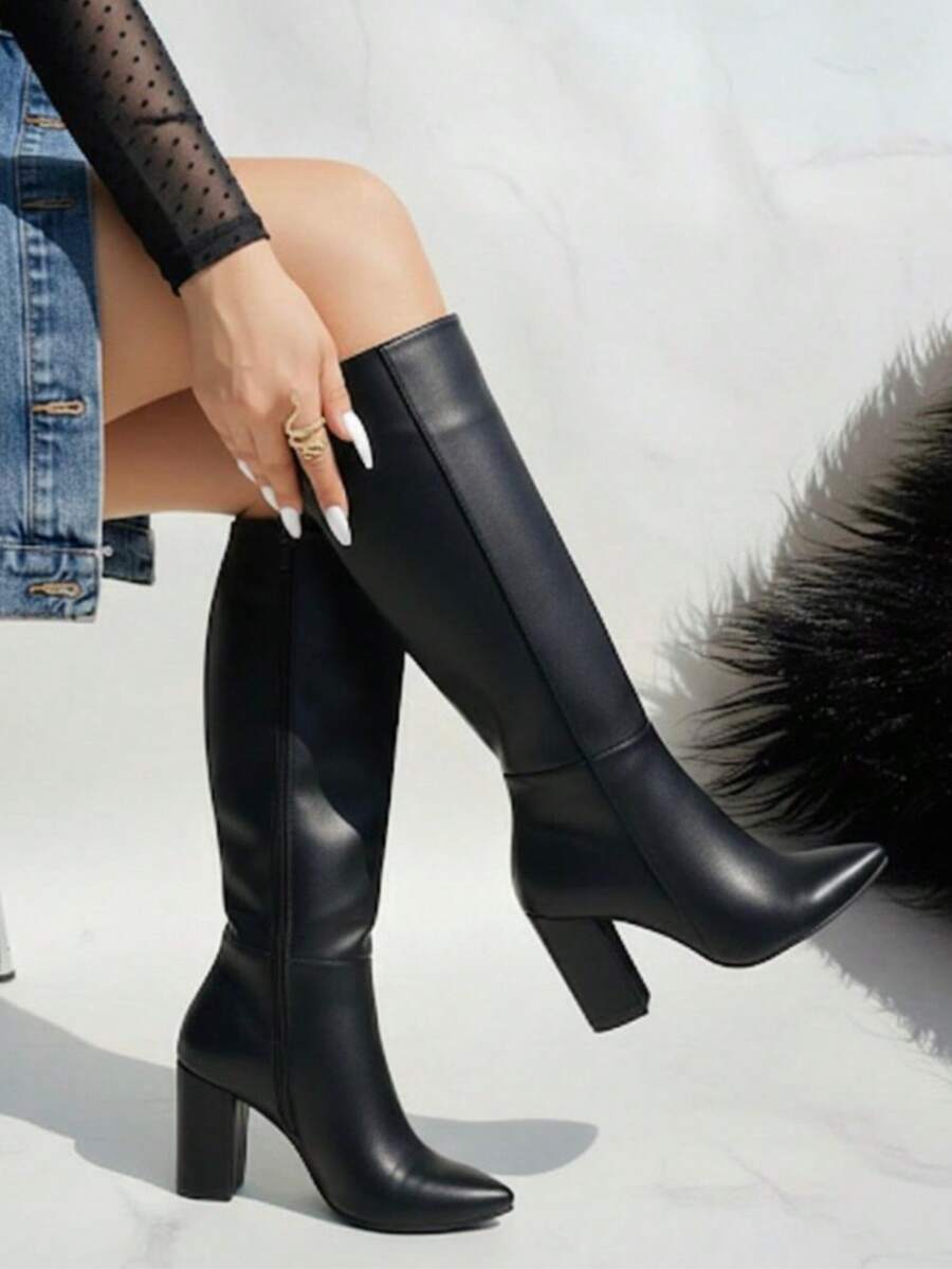 Women Mid-Calf Boots - 黑與白 - 查看 1