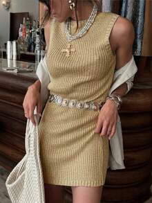 Mejors Damen sexy, süßes Y2K Pailletten einfarbiges ärmelloses Strickkleid, Retro Streetwear Stil, geeignet für Frühling/Sommer Ausflüge, Party, Urlaub, Pendeln, Date, Feiertage, Freizeitkleidung, Goldfarbe - Gold - Übersicht 6