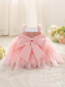 Baby Girls Sleeveless Sequin Bow Tulle Cute Flower Girl Wedding Party Princess Dress, Suitable For Birthday Party, Vacation, Excludes Headband