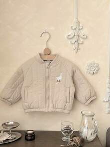 INS Baby Girls' Warm Duck Animal Embroidery Striped Baseball Collar Jacket, Winter