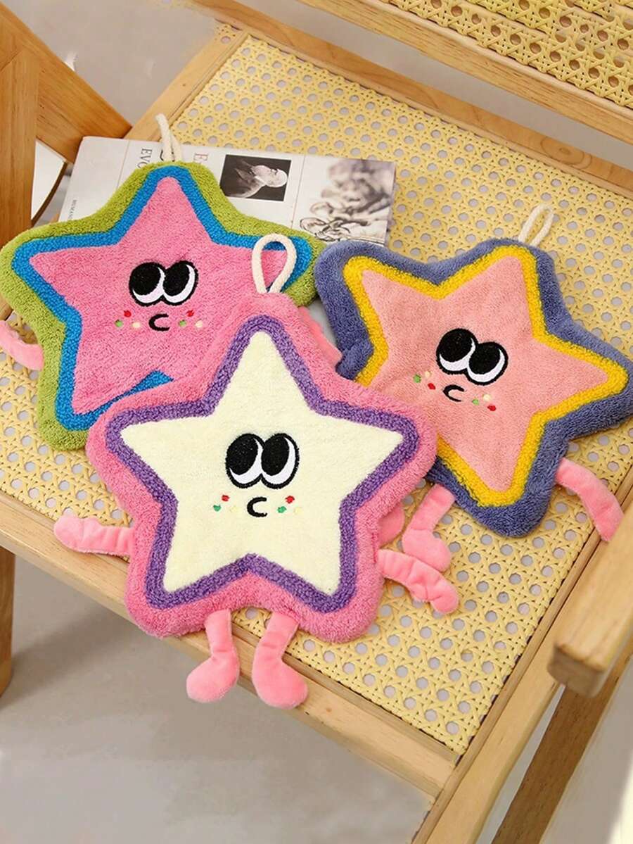 1pc Cute Star Pattern Towel, Modern Style Cartoon Design, Kitchen And Bathroom Towel, Absorbent Hand Towel With Hanging Loop, Thick Washcloth, Multi-Purpose Household Cloth - Multicolor - View 1