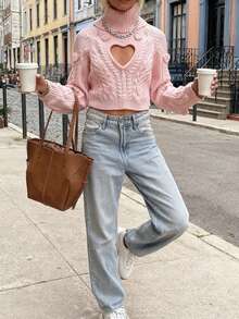 秋冬都市时尚休闲女士优雅毛衣，粉色毛衣，心形镂空3D花卉图案上衣，秋冬时尚舒适休闲百搭简约居家/通勤高领3D花卉装饰长袖针织套头衫，女士针织毛衣上衣 - 粉色 - 查看 7