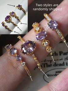 4pcs/Set Fashionable Exquisite Luxury High-End Unique Design Versatile Purple Rhinestone Gold Alloy Rings, Suitable As Gifts For Girlfriend, Wedding, Engagement - Multicolor - View 3