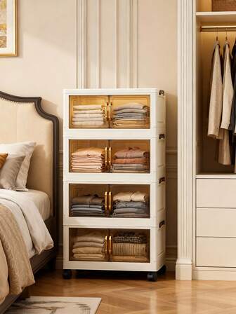 1个50厘米/19.69英寸宽折叠储物柜，衣物收纳盒，便携式衣柜，双门折叠箱，1-6层可选，加厚双门带轮储物柜，家用免安装收纳架，整理衣物和玩具的塑料折叠储物柜