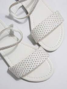Versatile Minimalist Flat Open Toe Sandals With Delicate Rhinestone Design, Vintage Aesthetic Suitable For Dates, Commuting, Travel - White - View 6