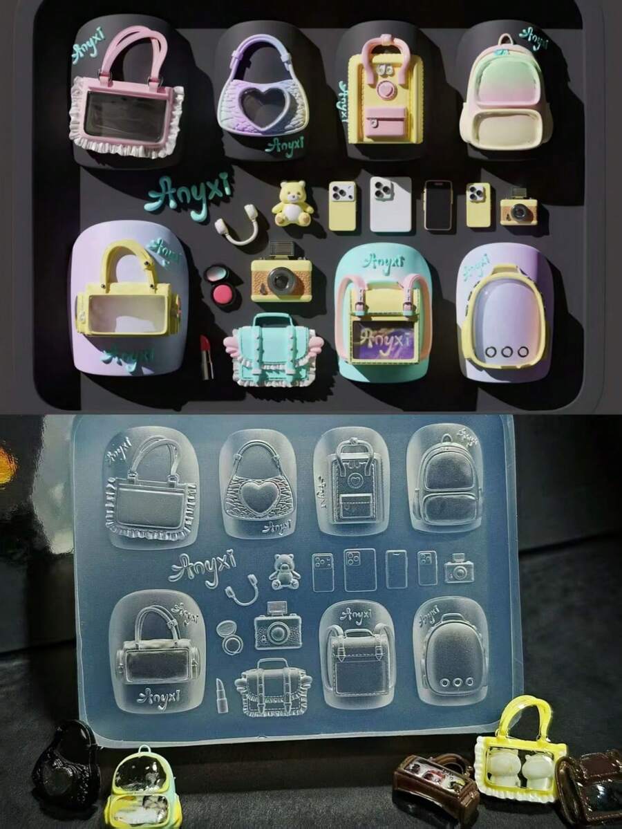 1pc Nail Art Mold, Sweet Metallic Liquid Charm Backpack Decor, Cute Shoulder Bag, 3D Nail Art DIY Transparent Silicone Mold - 無色 - 查看 1