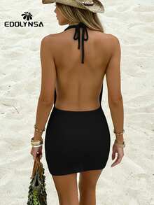 Black Sexy Stacked V Neck Backless Knit Mini Dress 2025 Women Summer Sleeveless Beach Cover Up Vacation Outfit - 黑色 - 查看 2