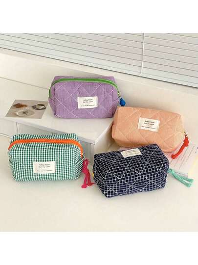 1pc 4-Color Plaid Cosmetic Bag, Portable Makeup And Toiletry Storage Pouch