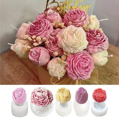 5 PIEZAS Molde de silicona con ramo de flores - Molde realista de rosa peonía para velas, artesanía con resina, jabón y arcilla - Suministros para hacer regalos de boda y festividades - Moldes reutilizables antiadherentes para decoración del hogar
