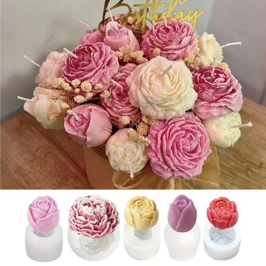 5件套花束硅胶模具 - 逼真玫瑰牡丹花蜡烛模具，适用于树脂、肥皂和粘土工艺品 - DIY婚礼和节日礼物制作材料 - 可重复使用的不粘家居装饰模具 - 無色 - 查看 1