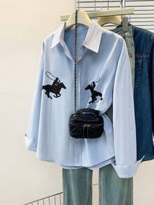 Women's Summer Striped Shirt With Funny Knight Water Print, Casual Blouse