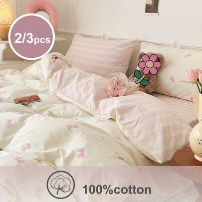 2/3pcs Set Butterfly Print, Bow, Striped Pattern Bedding Set, Soft & Cute Student Dormitory Decor, Suitable For Boys & Girls, Spring/Summer Essential, Includes Duvet Cover & Pillowcase, Available In Twin, Full, Queen Sizes