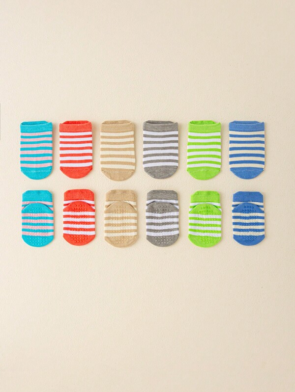 6双装婴儿防滑彩色条纹橡胶圆点袜，舒适透气，适合幼儿爬行、玩耍和室内穿着。