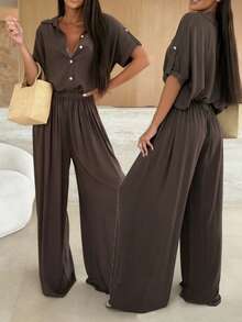 女士两件套，优雅职业装，宽松蝙蝠袖衬衫搭配休闲直筒弹力腰裤，春夏款 - 巧克力棕 - 查看 2