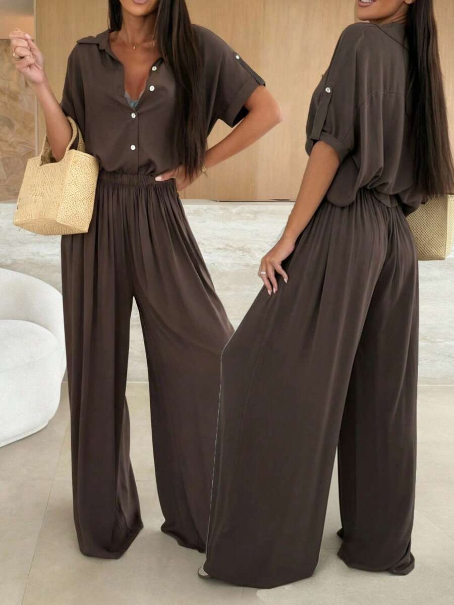 女士两件套，优雅职业装，宽松蝙蝠袖衬衫搭配休闲直筒弹力腰裤，春夏款