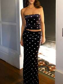 Women 2 Piece Skirt Set Strapless Polka Dot Top And Matching Long Skirt Summer Outfit For Party Club Elegant Women Two Piece Outfits Sets - Black - View 2