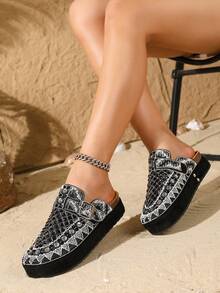 Sandalias de mujer de verano nuevas, sandalias con suela gruesa y adornos de rhinestone, estilo slip-on para playa y vacaciones, adecuadas para uso diario y viajes al aire libre - Negro - Ver 2