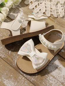 2026 Girls Metallic Flower Decor Glossy Non-Slip Open Toe Flat Sandals, Fresh Countryside Style, Suitable For Summer Outings, Festivals And Garden Parties - Beige - View 2
