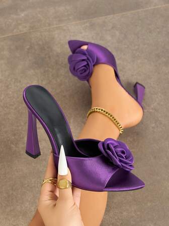 Women's High Heel Shoes, Suitable For Spring/Summer Night Parties, Outdoor Occasions, Fashion Elegant Banquet, Electroplated Thick High Heel Pointed Toe, Sparkling, Floral Rose High-Quality Soft Satin Material, Sexy Slip-On Mule, Elegant Luxurious Purple Color, Sexy Waist Design, Wide Vamp, Runway, Casual Home, Outdoor Walking, Travel, Avant-Garde Slippers, Comfortable Stable High Heels For Women, Suitable For Gala, Party, Dance