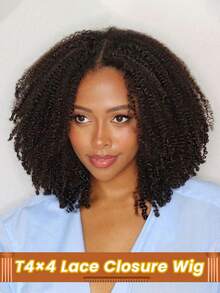 200% 密度非洲蓬松卷曲真人发假发，T4*4 蕾丝闭合巴西 Remy 真人发假发，隐形发际线，适合所有女性 - Natural Black - 查看 1