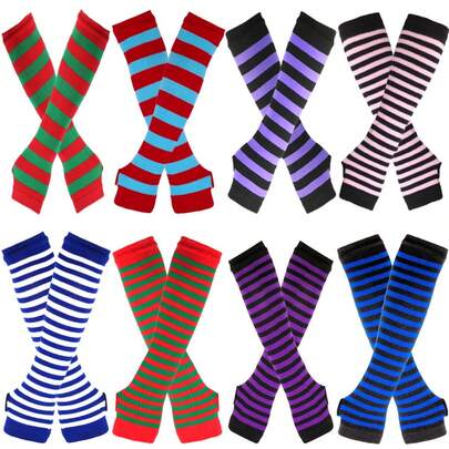 Korean Style Long Arm Sleeves Wholesale Cosplay Anime Black & White Striped Fingerless Cotton Long Wrist Warmers
