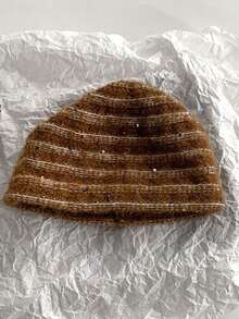 1 Piece Women's Sequin Stripe Headband Hat, Beanie - A Must-Have For Autumn And Winter Fashion, Soft Wool And Mair Blended Knitted Hat With A Casual, Stylish And Elegant Retro Style, Unique Brushed Knit Texture And Exquisite Sequin Stripe Pattern, With A Slimming Face Design, Versatile Matching, Resistance And Warmth Function To Resist Cold Weather - Multicolor - View 4