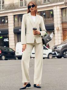 Casly Lamiit Women Plain Long Sleeve Suit Collar Regular Top And Pants Set Elegant Composite Fabric Suit With Pockets - 米色 - 查看 4