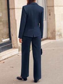 Casly Lamiit Women Plain Long Sleeve Suit Collar Regular Top And Pants Set Elegant Composite Fabric Suit With Pockets - Màu xanh hải quân - Xem 3