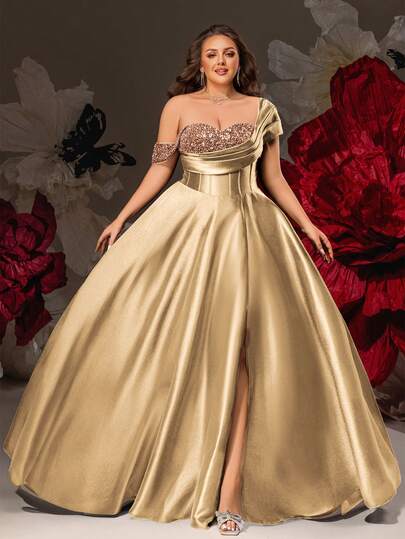  VIPGIRL Khaki Sequin Satin One-Shoulder High Slit Women's Formal Dress, Elegant Plus Size Evening Gown, Long Formal Ball Gown, Wedding Guest Dress, Luxury Party Dress, Charming Cocktail Dress, Women's Formal Dress, Plus Size Dress